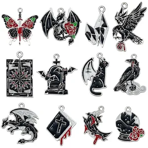 Set of 12 Gothic dark enamel Halloween pendants featuring dragons bats and ravens for DIY