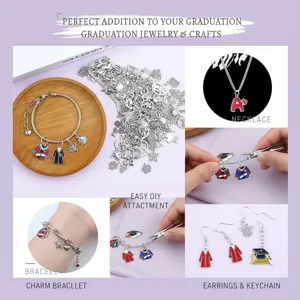 Collage von Abschluss-DIY-Anhängern mit Halsketten, Armbändern und Ohrringen in Lavendeloptik.