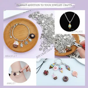 Collage of colorful food-themed resin charms for DIY bracelet and necklace crafting