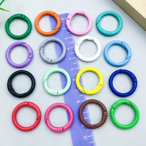 Macro view of colorful round spring buckles with a ruler for size reference