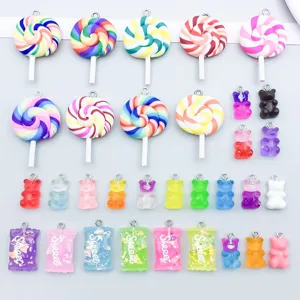 32Pcs Mixed Resin Gummy Bear Lollipop Charms For DIY Jewelry Making Colorful Gradient Candy Pendants Resin Craft Accessories