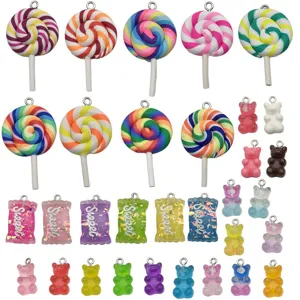 Set of 32 colorful resin charms including lollipops and gummy bears for DIY jewelry