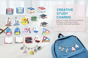 Detailed view of colorful enamel study-themed charms for DIY jewelry making