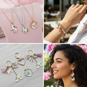 Showcase of colorful unicorn jewelry designs including earrings, necklaces and charms