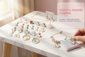 Detailed view of various colorful enamel unicorn charms and DIY jewelry examples