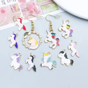 Detailed view of colorful enamel unicorn alloy charms and earrings for DIY jewelry making