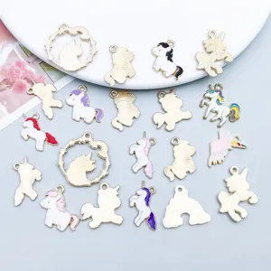 Detail view of 20pcs colorful enamel unicorn alloy charms for DIY jewelry making.