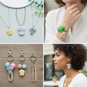 Detailed views of colorful flocked animal pendants on various jewelry accessories