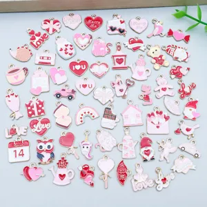 Detailed view of 60 assorted enamel Valentine's Day charms for DIY jewelry making.