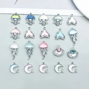 Juego de Amuletos DIY de Animales Marinos Aleación Vidrio Strass Delfín Medusa Cola de Sirena Concha Colgantes para Creación de Joyas