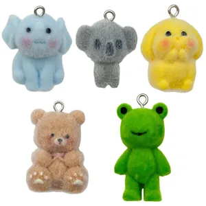 Assorted colorful flocked resin cartoon animal charms for DIY jewelry making