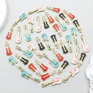 Enamel guitar charms with sparkling rhinestones for DIY necklace and bracelet crafting