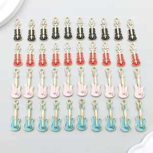 Enamel Guitar Charms Zinc Alloy Musical Instrument Pendants With Rhinestone Flower For DIY Jewelry Making Necklaces Bracelets Accessories