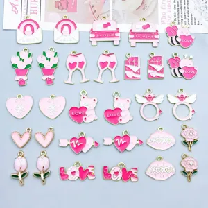 Pendentifs Cœur en Alliage Émail Rose Saint-Valentin Breloques en Zinc pour la Fabrication de Bijoux Fait Main