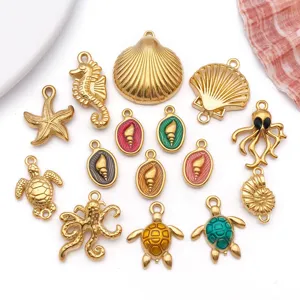 Stainless steel ocean charms with enamel octopus and sea turtle pendants for DIY jewelry