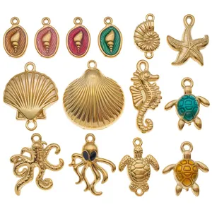 Gold stainless steel enamel sea creature pendants featuring octopus and turtle designs.