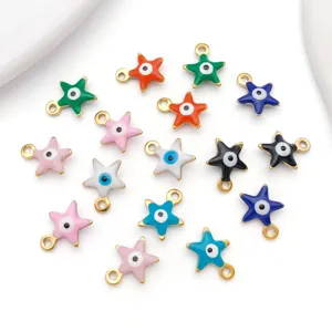 Detailed view of colorful enamel evil eye star charms for handmade jewelry pendants