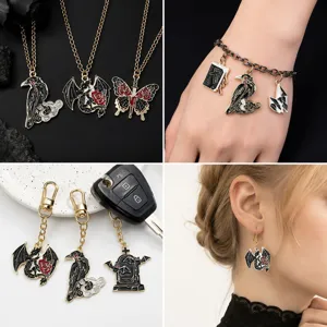 Collage of gothic Halloween enamel charms used as necklaces, keychains, and earrings.