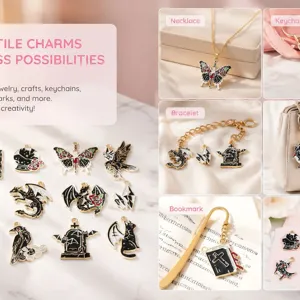Detail view of gothic Halloween charms applied as necklace, bracelet and bookmark