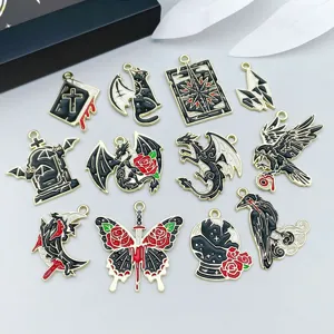 Detailed collection of Halloween gothic alloy charms featuring dragons and crows for DIY