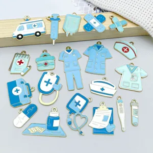 Lot de 20 breloques médicales émaillées bleues incluant uniforme d'infirmière et ambulance