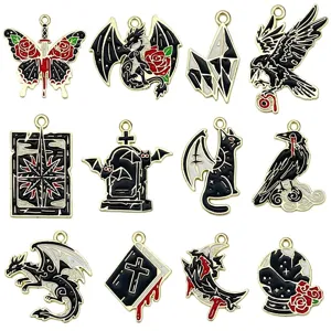 Gothic Halloween enamel charms featuring dragons, ravens, and butterflies for DIY jewelry making