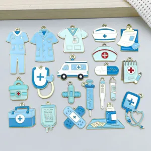 Breloques à Thème Médical en Émail Bleu Pendentif en Alliage de Zinc pour Infirmière Médecin pour la Fabrication de Bijoux DIY Ambulance Cœur Stéthoscope Accessoire