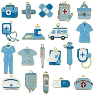 Lot de 20 breloques médicales en émail bleu, thèmes ambulance et infirmière pour bijoux DIY