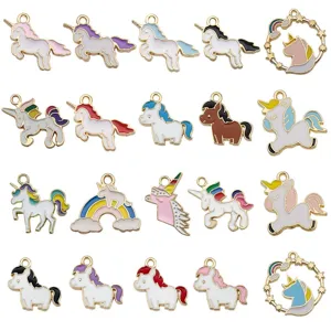 Collection of twenty mixed colorful enamel unicorn alloy pendants for DIY jewelry making