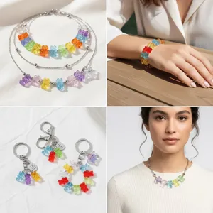 Detailed showcase of colorful transparent acrylic gummy bear charms for DIY jewelry