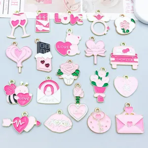 Pink Enamel Zinc Alloy Valentine's Day Heart Rose Lollipop Charms For DIY Jewelry Making Pendants Accessories Romantic Gift Pendants