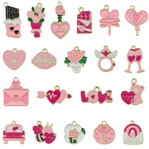 Set of 20 pink enamel alloy heart and rose charms for Valentine's Day DIY jewelry making