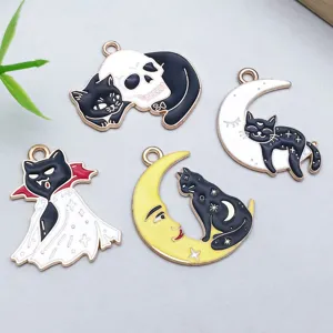 Detailed view of four Halloween-themed black cat enamel charms in various designs.