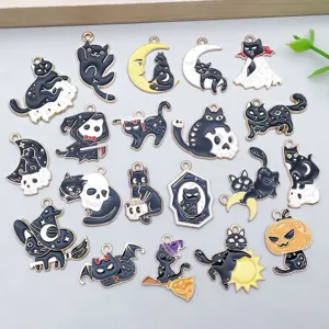 Detailed view of 20 assorted black and white enamel cat charms for Halloween DIY jewelry