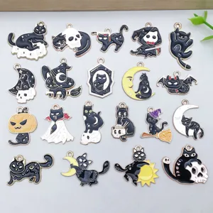 Halloween Enamel Alloy Cat Charms Mixed Pendants Skeleton Ghost Cat Charms For DIY Jewelry Making Accessories Gift