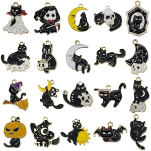 Mixed 20pcs black and white enamel Halloween cat and ghost charms for DIY jewelry