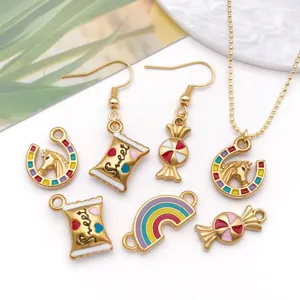 Detailed macro view of colorful enamel rainbow and candy charms for DIY jewelry accessories