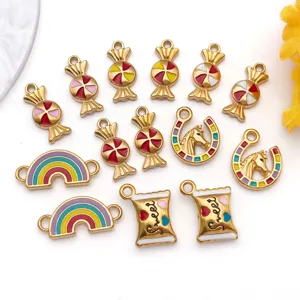 Detailed view of colorful enamel candy and rainbow stainless steel charms for DIY jewelry