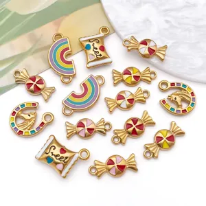 Close-up of colorful enamel charms including rainbows, candies and horseshoe designs.