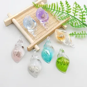 Detailed view of seven colorful resin conch pendants with tiny internal shell decorations