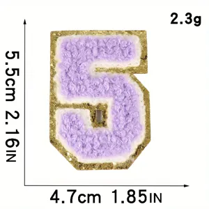Purple towel embroidery number 5 patch with gold glitter trim, 5.5x4.7cm clothing badges.