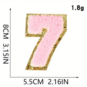Roze badstof geborduurde nummer 7 patch met gouden pailletten rand voor kleding accessoires