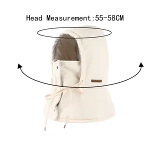 Winter warm thermal fleece hooded balaclava hat with face cover, beige color, 55-58cm size.