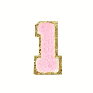 Roze chenille nummer 1 patch met gouden glitter pailletten rand voor kleding reparatie.