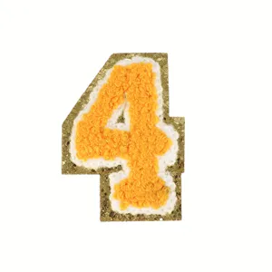 Gold glitter chenille number 4 patch DIY iron-on apparel decoration accessory detail shot