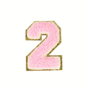 Roze chenille nummer 2 patch met gouden glitters rand opstrijkbaar applicatie DIY