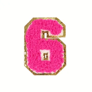 Pink chenille number 6 patch with gold glitter border for clothing DIY decor iron on