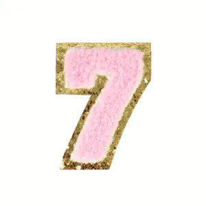 Pink chenille number 7 patch with gold glitter border for clothing and bag DIY decoration.