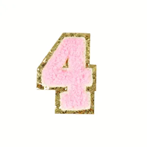 Roze chenille nummer 4 opnaaiers gouden glitter rand strijkbaar geborduurde badge kleding