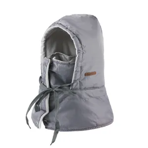 Winter fleece lined integrated windproof bomber hat with face mask and drawstring grey.